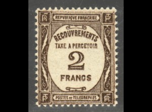 Frankreich: 1931, Portomarke 2 Fr. (Höchstwert mit Erstfalz, für ** M€ 350,-)