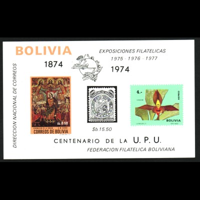 Bolivien: 1974, Blockausgabe UPU (Motiv Orchideen, Gemälde und Marke auf Marke, Einzelstück)