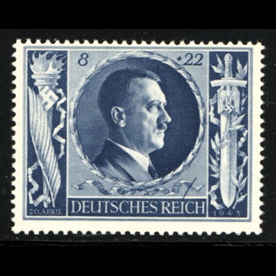 1943, Hitler-Geburtstag 8 Pfg.; Plattenfehler: "langer Strich über I von Reich"