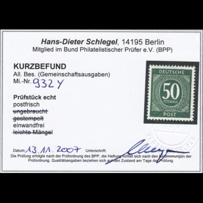 1946, Ziffern 50 Pfg. Wasserzeichenabart WZ 6 Y steigend (Kurzbefund BPP)