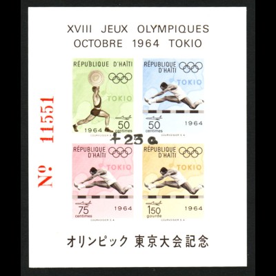 Haiti: 1965, Überdruckblockausgabe Sommerolympiade mit schwarzem Aufdruck (Auflage nur 2700 Blocks)