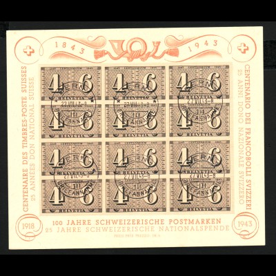 Schweiz: 1943, Große Blockausgabe 100 Jahre Briefmarken