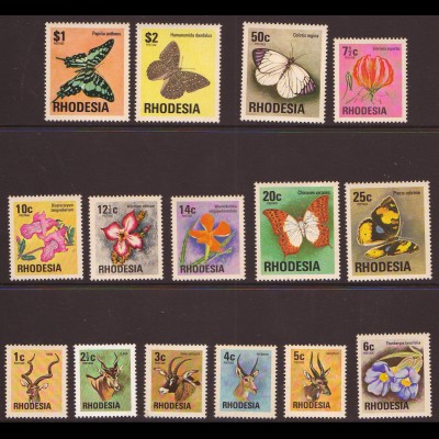 Simbabwe - Rhodesien: 1974, Freimarken Antilopen, Blumen und Schmetterlinge
