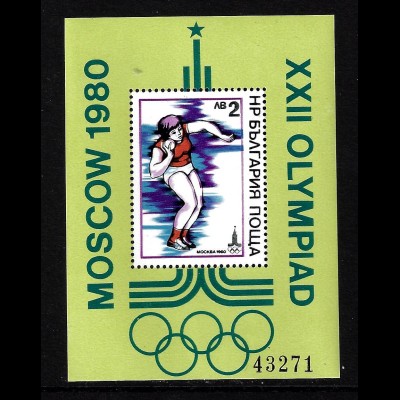 Bulgarien: 1979, Blockausgabe Sommerolympiade Moskau (Leichtathletik)