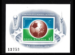 Rumänien: 1974, Blockausgabe Fußball-WM München (ungezähnt, M€ 50,-)