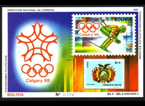 Bolivien: 1987, Blockausgabe Winterolympiade Calgary (Abfahrtsläufer)