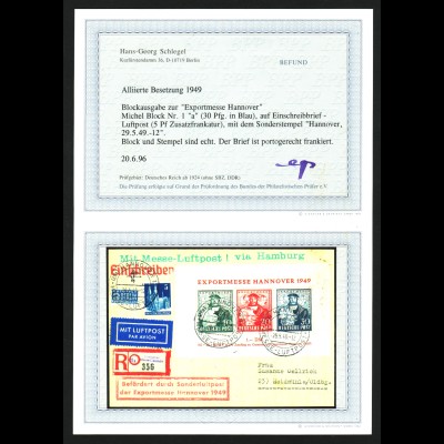 Bizone: 1949, Blockausgabe Exportmesse auf portogerechtem Luftpostbrief