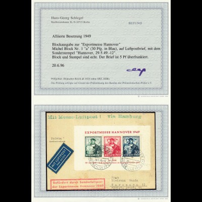 Bizone: 1949, Blockausgabe Exportmesse auf Luftpostbrief, Befund BPP