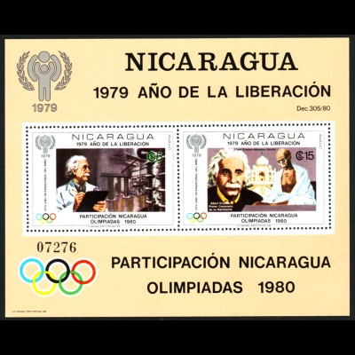 Nicaragua: 1980, Blockausgabe Jahr des Kindes / Olympiade / Albert Einstein 