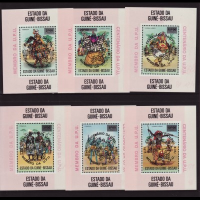 Guinea-Bissau: 1976, Weltpostverein UPU (sechs Einzelblockausgaben mit schwarzem Aufdruck, M€ 100,-)