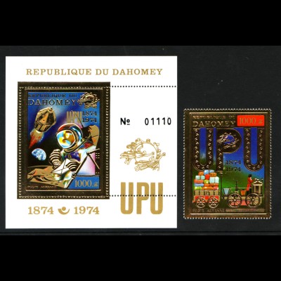 Dahomey: 1974, Weltpostverein (Block und Einzelmarke, Goldmarken) 