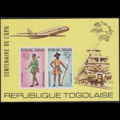 Togo: 1974, Blockausgabe UPU durchstochen (Motiv: Flugzeug / Eisenbahn)