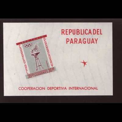 Paraguay: 1962, Blockausgabe Sportzusammenarbeit ungezähnt (Sommerolympiade Tokio, M€ 140,-)