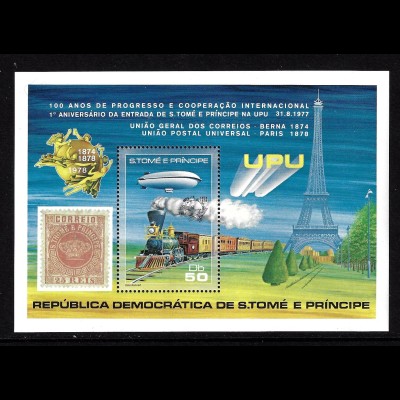 Sao Thomé und Principe: 1978, Blockausgabe 100 Jahre UPU (auch Motiv Eisenbahn, Zeppelin und Marke auf Marke