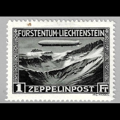 Liechtenstein: 1931, Luftschiff "Graf Zeppelin" 1 Fr. (Einzelstück mit kleinem Papiereinschluss)