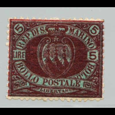 San Marino: 1892, Landeswappen 5 L. (Höchstwert, M€ 170,-)