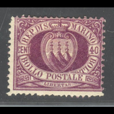San Marino: 1877, Landeswappen 40 C. (verkürzter Eckzahn, M€ 850,-)