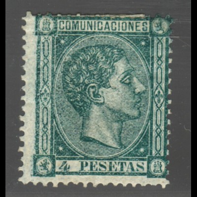 1875, König Alfons XII. 4 Pta. dunkelgrün (seltene sauber gefalzte Marke)