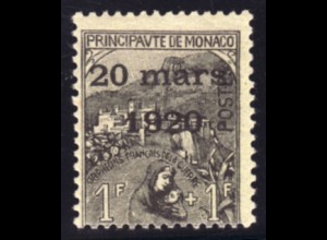 Monaco: 1920, Überdruck Kriegswitwenausgabe 1 Fr. (Gummierung minimal unfrisch)