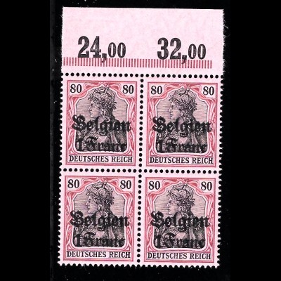 Belgien: 1914, 1. Überdruckausgabe 1 Franc (Oberrand-Viererblock)