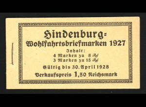 1927, Markenheftchen Hindenburgspende (Heftchen mit Fehlern, M€ 350,-)