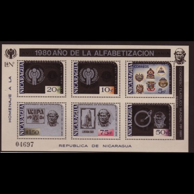 Nicaragua: 1980, Überdruck-Blockausgabe Alphabetisierungskampagne (u. a. Motiv Weltraum / Jahr des Kindes)