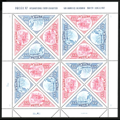 USA: 1997, Zdr.-Bogen mit 16 Dreiecksmarken Postkutsche / Segelschiff