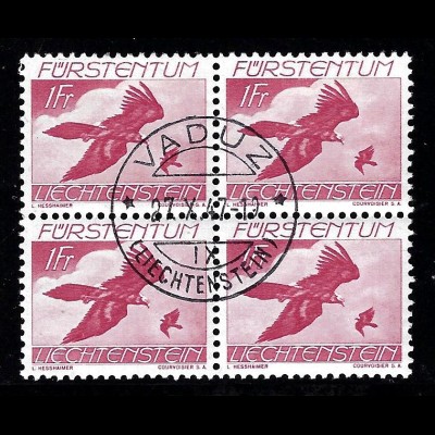 Liechtenstein: 1939, Flugpost Vögel 1 Fr. (zentr. gest. Viererblock, M€ 96,-)