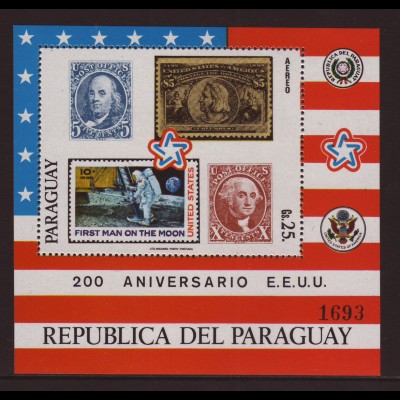 Paraguay: 1976, Blockausgabe 200 Jahre USA (Motiv: Marke auf Marke und Weltraum)