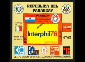 Paraguay: 1976, Blockausgabe Briefmarkenausstellungen (mit Aufdruck Muestra)