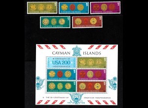 Kaiman-Inseln: 1976, 200 Jahre USA (Satz und Blockausgabe, Motiv Münzen)