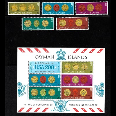 Kaiman-Inseln: 1976, 200 Jahre USA (Satz und Blockausgabe, Motiv Münzen)