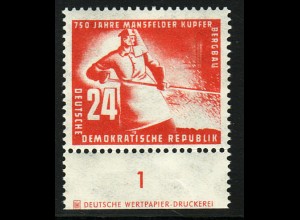 DDR: 1950, Mansfelder Bergbau 24 Pfg. (Unterrandstück mit Druckereizeichen)
