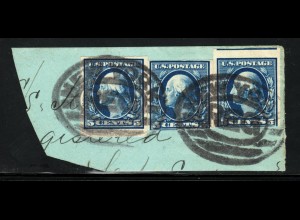USA: 1908/10, G. Washington 5 C. ungezähnt (dekoratives Briefstück mit 3 Marken)