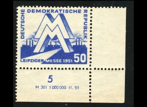 DDR: 1951, Leipziger Frühjahrsmesse 50 Pfg. (Eckrandstück mit Druckvermerk)