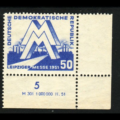 DDR: 1951, Leipziger Frühjahrsmesse 50 Pfg. (Eckrandstück mit Druckvermerk)