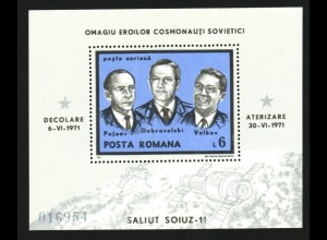 Rumänien: 1971, Blockausgabe zum Tod der Astronauten von Sojus 11 (gezähntes Einzelstück)