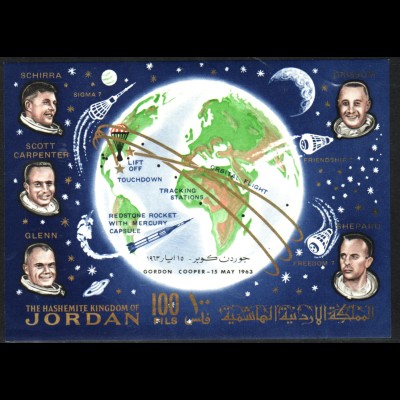 Jordanien: 1964, Überdruck-Blockausgabe Weltraumflug von Gordon Cooper