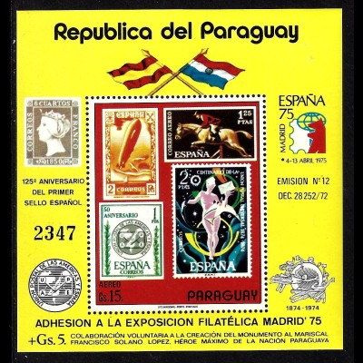 Paraguay: 1975, Blockausgabe Briefmarkenausstellung ESPANA (Motiv Briefmarke auf Briefmarke)