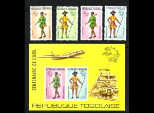 Togo: 1974, Weltpostverein UPU, Satz und Blockausgabe durchstochen 
