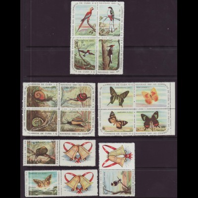 Kuba: 1961, Weihnachten (Motiv: Schnecken, Vögel und Schmetterlinge, nominalgleiche Marken in Viererblöcken)