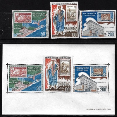 Elfenbeinküste: 1969, Briefmarkenausstellung Philexafrique (Motiv Marke auf Marke, Satz und Blockausgabe)