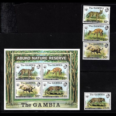 Gambia: 1976, Tiere (frühe WWF-Ausgabe, Satz und Blockausgabe, M€ 230,-)