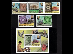 Elfenbeinküste: 1979, Rowland Hill (Satz und Blockausgabe, Motiv: Eisenbahn und Marke auf Marke)