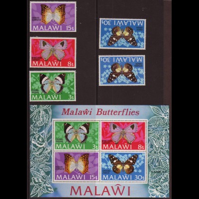 Malawi: 1973, Schmetterlinge (Satz mit Kat.-Nr. 198 in beiden Typen sowie Blockausgabe)