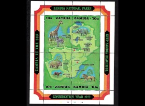 Sambia: 1972, Blockausgabe Naturschutzjahr (Wildtiere vor Landkarte)