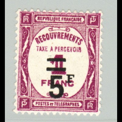 Frankreich: 1929, Portomarken 5 Fr. auf 1 Fr. (Höchstwert, M€ 120,-)