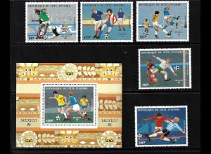 Elfenbeinküste: 1986, Fußball-WM Mexiko (Spielszenen, Satz und Blockausgabe)