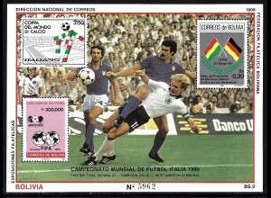 Bolivien: 1989, Blockausgabe Fußball-WM Italien (Spielszene Italien - Deutschland, auch Motiv Marke auf Marke)