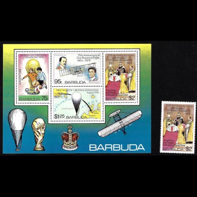 Antigua und Barbuda - Barbuda: 1978, Regierungsjubiläum Königin Elisabeth II. (Blockausgabe, auch Motiv Fußball und Flugzeuge)